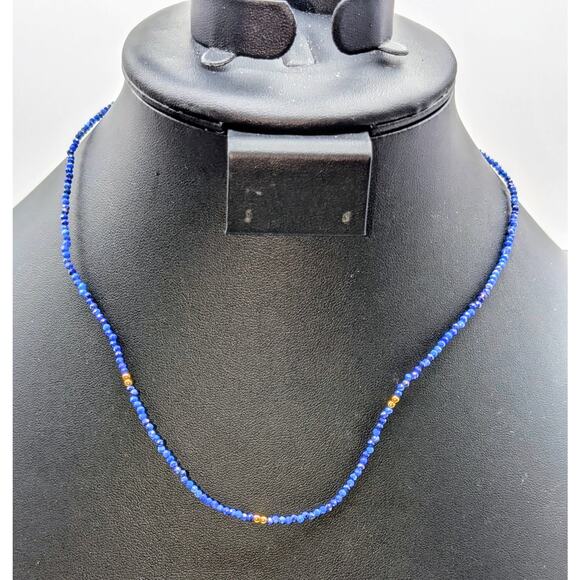 925 Sterling Vermeil 2mm Lapis Lazuli Gemstone Crystal & Goldtone Bead Necklace - Picture 1 of 6